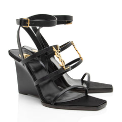 Saint Laurent Calfskin Cassandra Strappy Wedge Sandals - Size 7 / 37