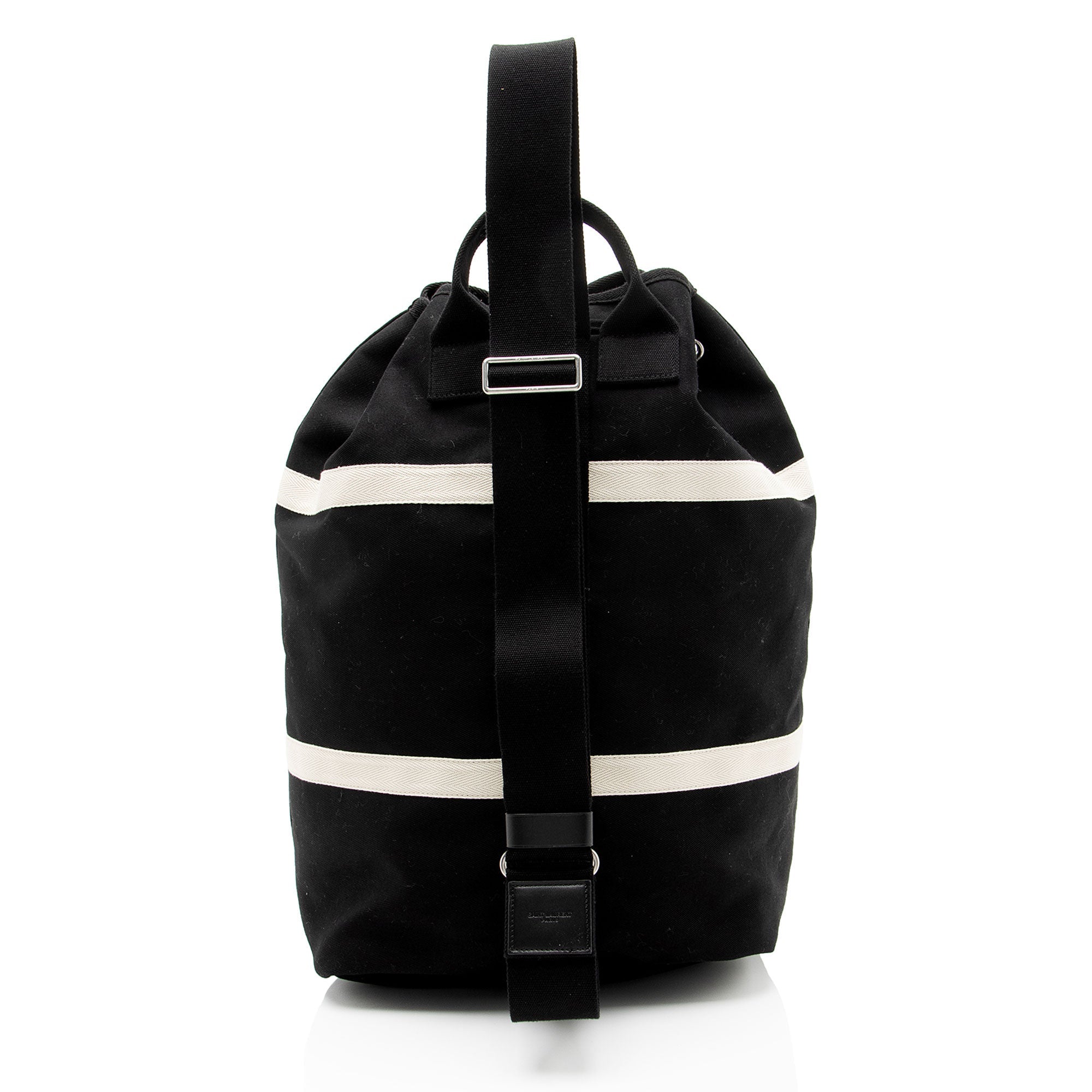 Saint Laurent Canvas Embroidered Rive Gauche Drawstring Sling Bag