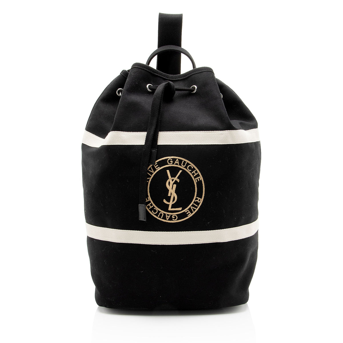 Saint Laurent Canvas Embroidered Rive Gauche Drawstring Sling Bag