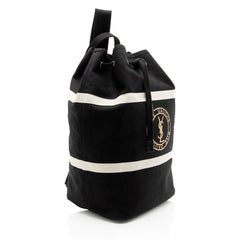 Saint Laurent Canvas Embroidered Rive Gauche Drawstring Sling Bag