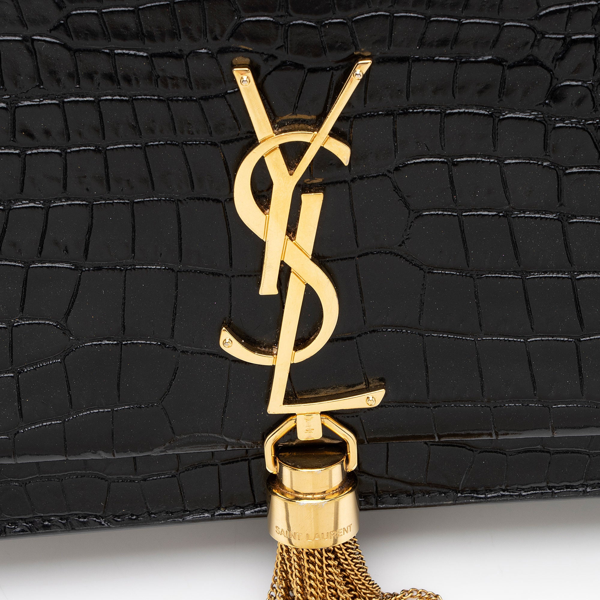Saint Laurent Croc Embossed Leather Monogram Kate Tassel Chain Wallet