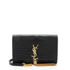 Saint Laurent Croc Embossed Leather Monogram Kate Tassel Chain Wallet