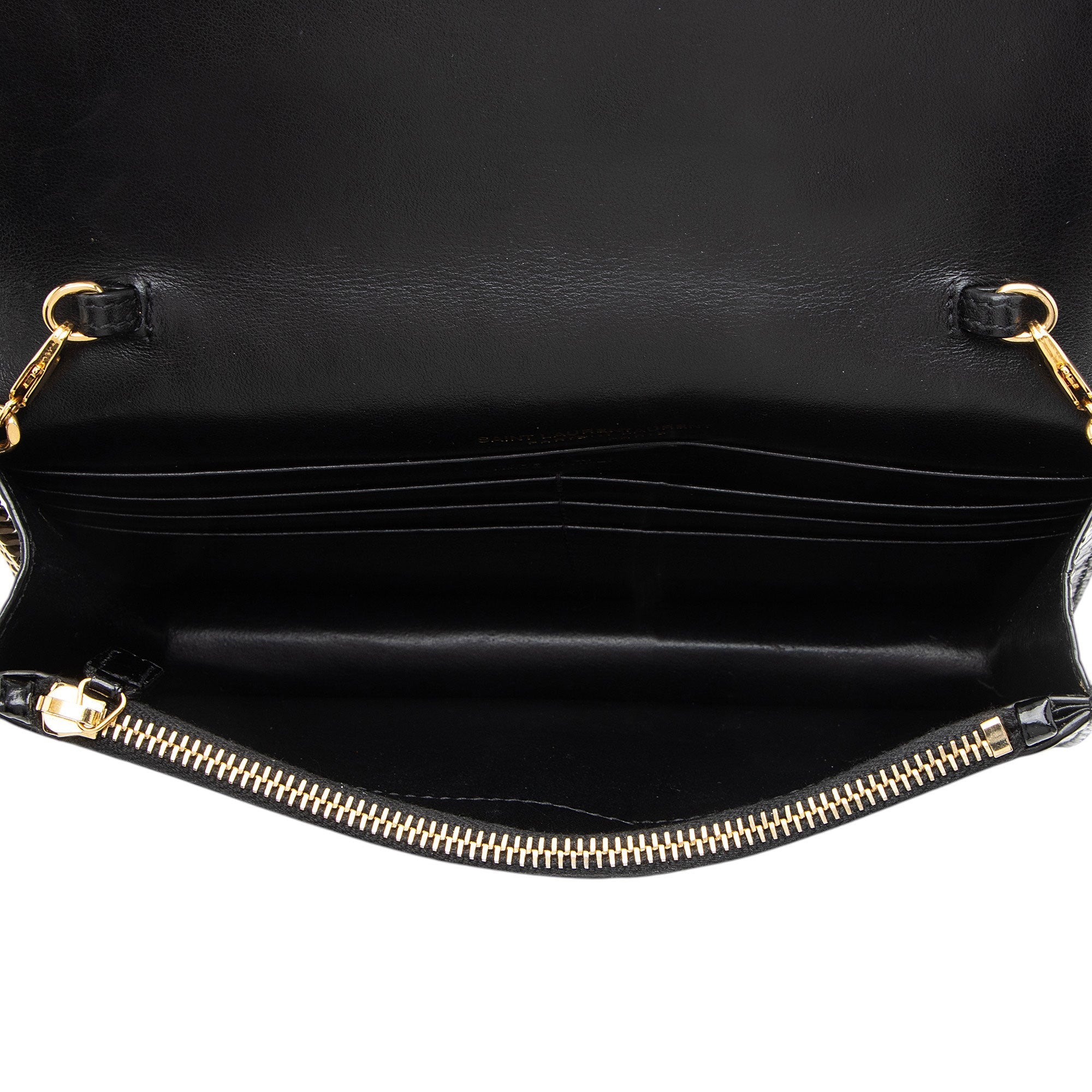 Saint Laurent Croc Embossed Leather Monogram Kate Tassel Chain Wallet