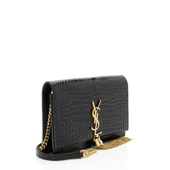 Saint Laurent Croc Embossed Leather Monogram Kate Tassel Chain Wallet