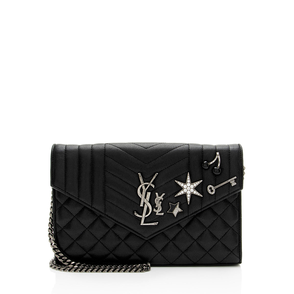 Saint Laurent Mixed Matelasse Grain de Poudre Embellished Monogram Chain Wallet