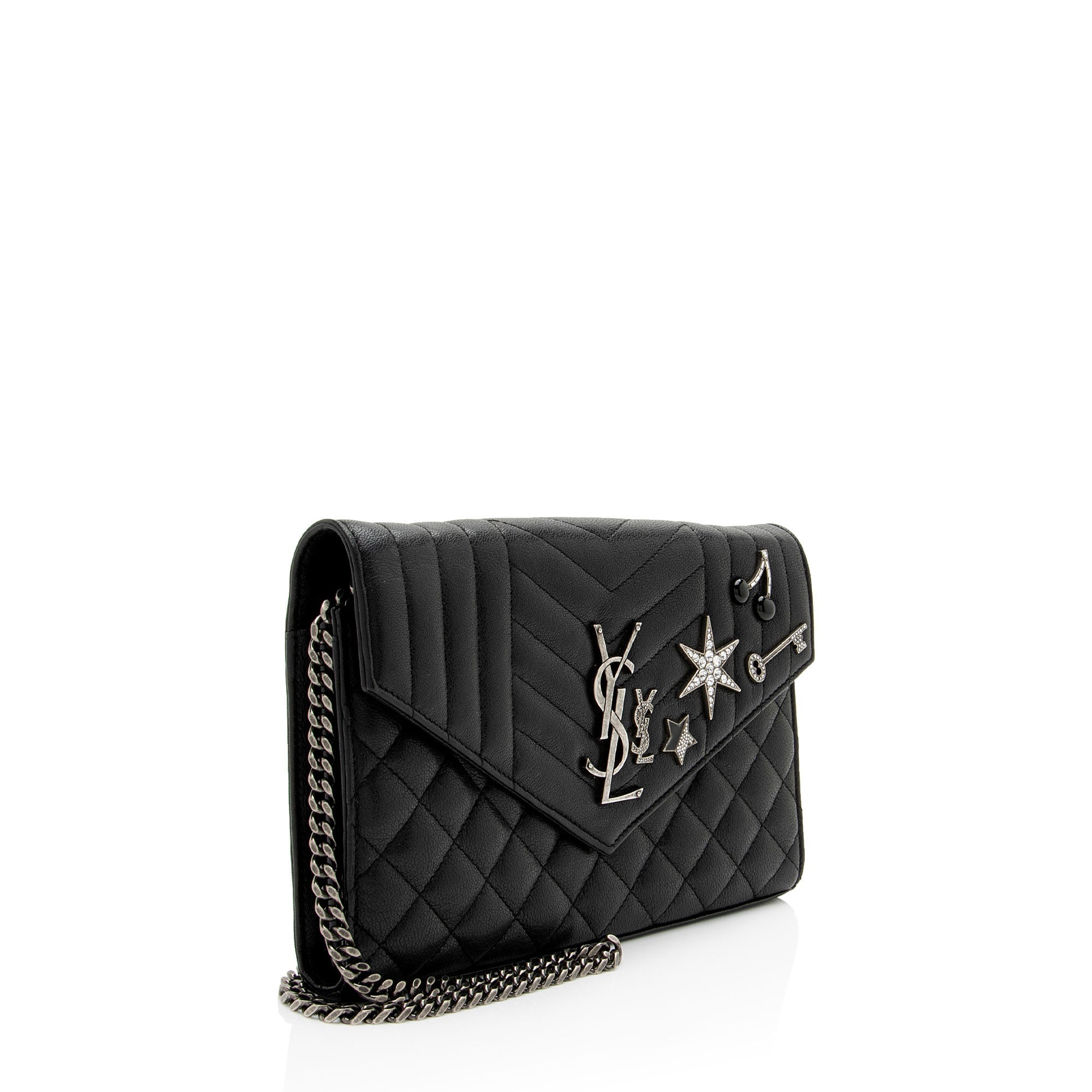 Saint Laurent Mixed Matelasse Grain de Poudre Embellished Monogram Chain Wallet