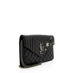 Saint Laurent Mixed Matelasse Grain de Poudre Embellished Monogram Chain Wallet
